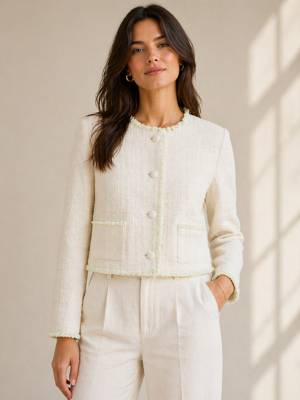 RYEGRASS Boucle Tweed Fringe Jacket M Cream Old Money Quiet Luxury Preppy